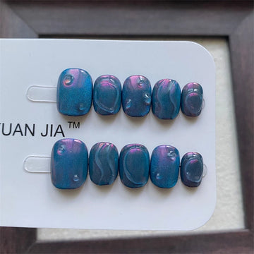 Qfdian Short Handmade Press on Nails Design Cat Eye Glitter False Nail Reusable Wearable Manicure Art Round Head Finger Tips Fake Nails